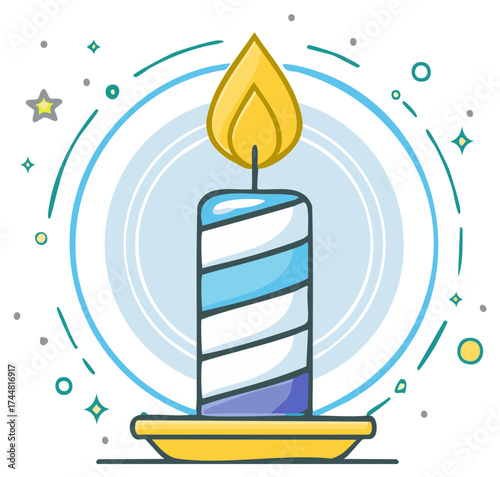 Striped Birthday Candle with Flame and Festive Sparkles