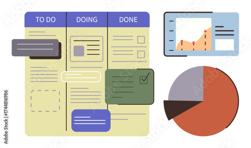 Kanban board with to-do, doing, and done columns alongside analytics charts, including a bar graph and pie chart. Ideal for project management, productivity, teamwork, data analysis, organization