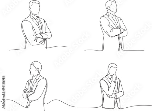 Set of Minimalist line drawing of a businessman in a suit thinking with hand on chin one line