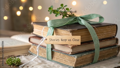 Vintage Books with Green Ribbon and Tag Containing Warm Quote About Stories that Keep Us Close Together