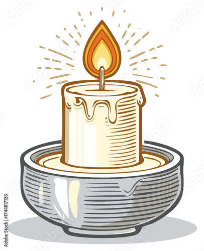 Illuminating candle with a warm flame and radiating light in a simple holder