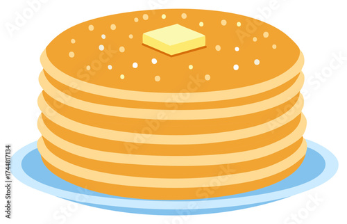 Stack of golden pancakes with butter on a blue plate