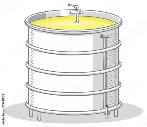 Large Stainless Steel Fermentation Tank with Yellow Liquid and Spigot for Brewing Processes