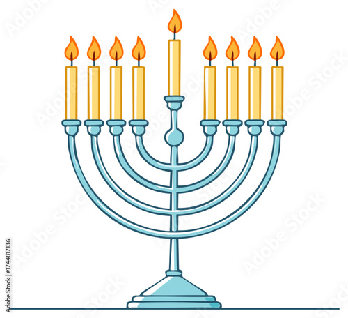 Eight Burning Candles on a Traditional Hanukkah Menorah with a Shamash Candle
