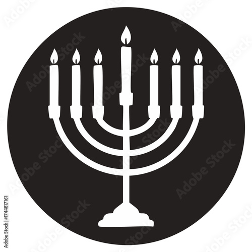 White Hanukkah Menorah with Seven Lit Candles on a Black Circle Background