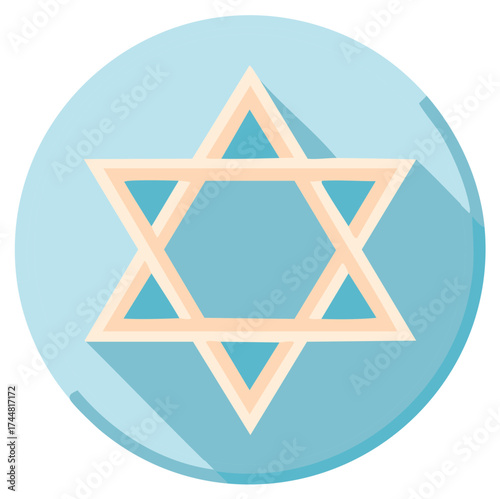 Jewish Star of David cultural symbol representing faith and spirituality with modern flat design and long shadow on a blue circle