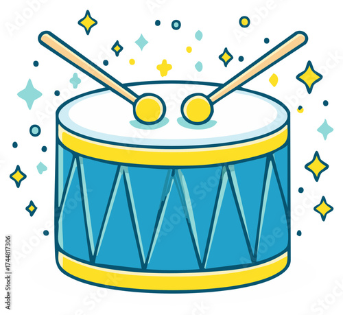 Blue and Yellow Toy Drum with Drumsticks and Sparkles