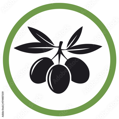 Stylized Olive Branch with Olives and Green Circle Border Graphic Design Illustration