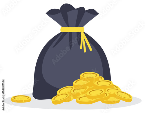 Bag of money gold coins and a single coin illustration