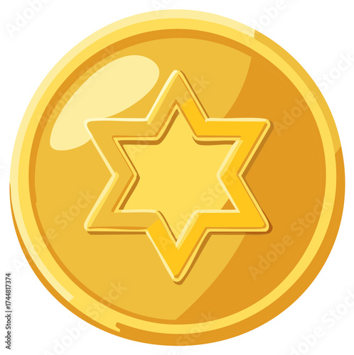 Shiny golden coin featuring a prominent Star of David, symbolizing spirituality, prosperity, and cultural identity.