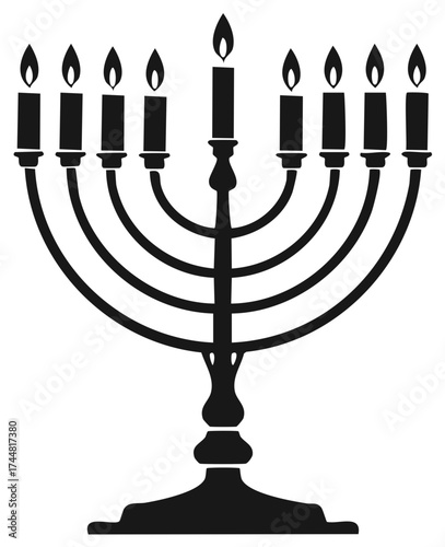 Stylized black menorah with nine glowing candles, an icon of Hanukkah celebration and tradition.