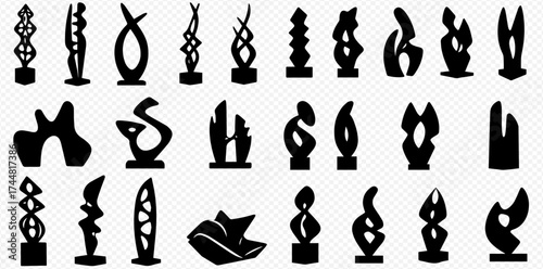 A collection of black silhouettes of modern abstract sculptures and statues on a transparent background.