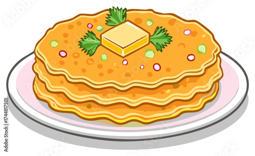 Traditional Paratha Flatbread Stack with Butter and Fresh Herbs Illustration