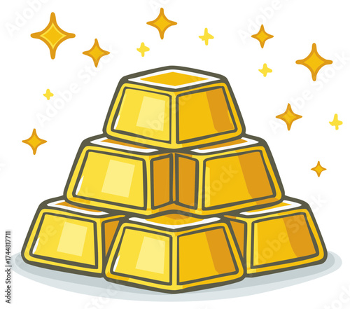 Illustration of Stacks of Gold Bars and Stars Wealth Prosperity