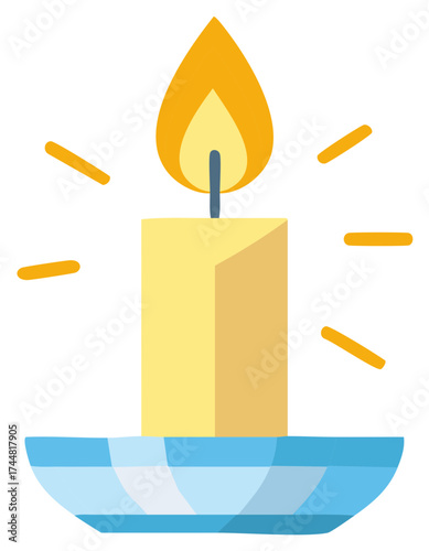 Stylized illustration of a lit candle with a flame in a blue candle holder