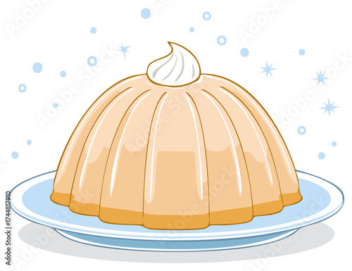 Jello Pudding with Creamy Topping on Blue Plate Cartoon Sweet Dessert