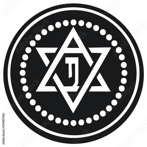 Geometric Star of David Symbol with Hebrew Letters and Dot Border