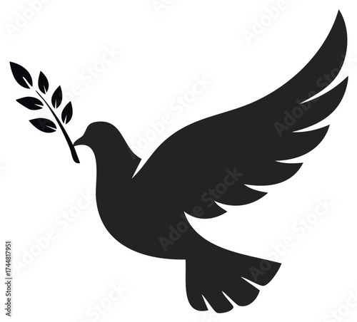 Black silhouette of a dove bird flying with a green leaf branch in its beak