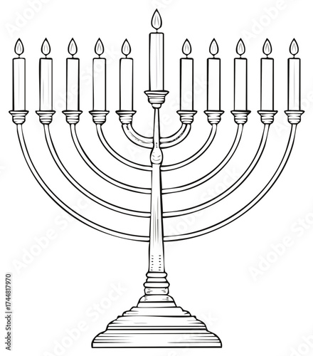 Hand-drawn Menorah Illustration with Lit Candles. Jewish religious holiday symbol. Black and white.