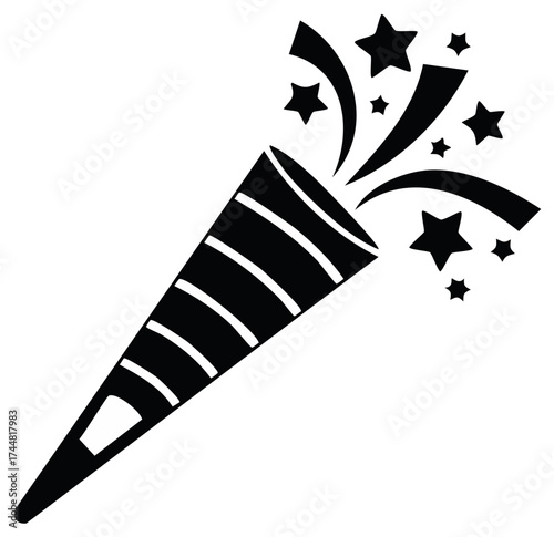 Party popper with stars bursting black and white vector icon for holiday celebration
