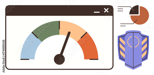Speedometer meter with color zones, pie chart data visualization, and shield for protection. Ideal for performance analysis, data security, risk evaluation, efficiency tracking, data management