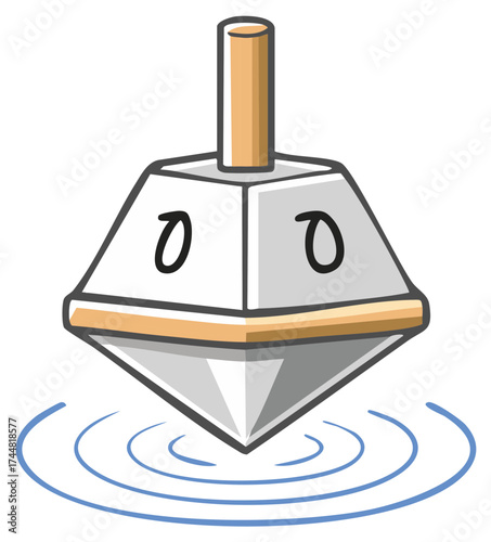 Cartoon dreidel spinning over blue water puddles. Holiday illustration of toy with symbols for seasonal concepts