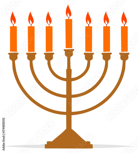 Lit seven-branched menorah illustration with orange candles. Jewish religious symbol of light and tradition.