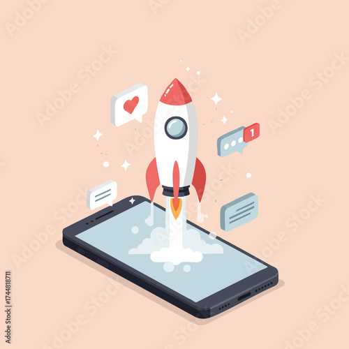 A vibrant isometric illustration depicts a rocket launching from a smartphone, symbolizing rapid app startup, successful digital growth, and active online engagement.