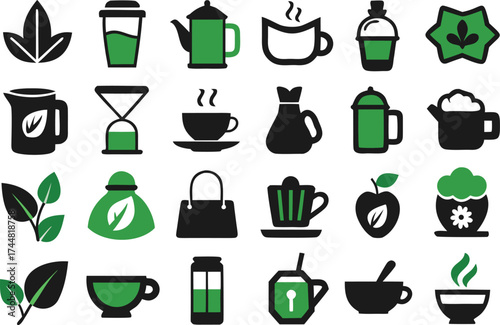 Collection of 200 scalable vector icons for tea and herbal drinks