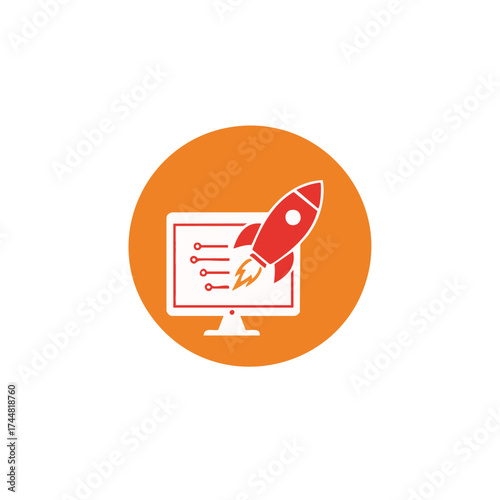 A vibrant orange circular icon features a red rocket launching from a white computer monitor, symbolizing rapid business growth and technological advancement.