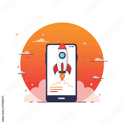 A vibrant illustration depicting a rocket launching from a smartphone screen, symbolizing rapid business growth and technological innovation.