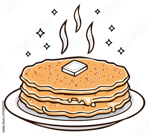 Stack of fluffy pancakes with melting butter and steam on a white plate
