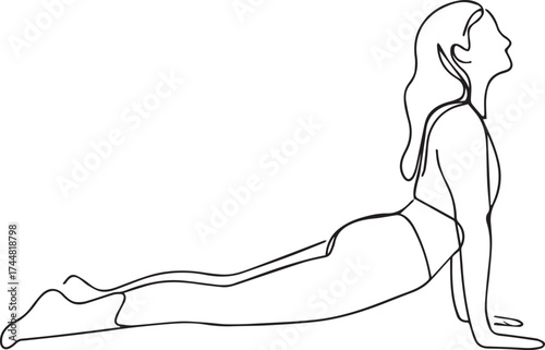 Line drawing of a woman in cobra pose yoga stretching her back