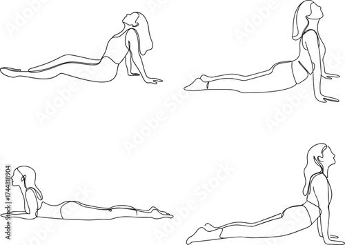 Set of Line drawing of a woman in cobra pose yoga stretching her back