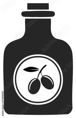 Bottle of olive oil in flat design with olives icon on it for organic concept
