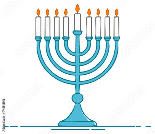 Illustration of a Traditional Blue Menorah with Nine Lit Candles for Hanukkah Holiday