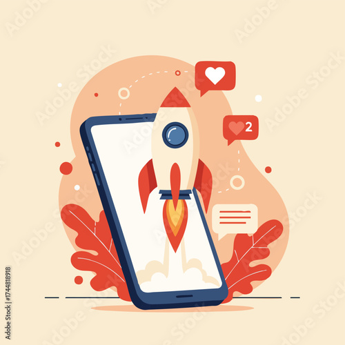 A vibrant illustration depicts a rocket launching from a smartphone screen, symbolizing rapid app development, digital marketing success, and social media growth.