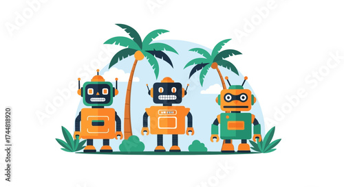 A friendly trio of colorful cartoon robot characters.