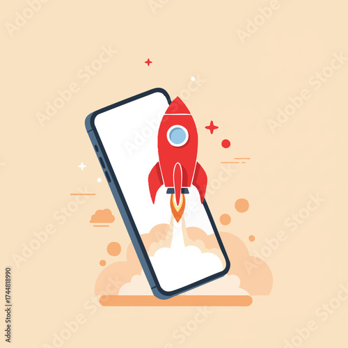 A vibrant red rocket launches with a fiery trail from a modern smartphone screen, symbolizing rapid digital growth and technological advancement.