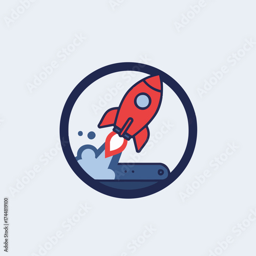 A vibrant red rocket icon launches skyward from a dark blue circular frame, symbolizing rapid progress, innovation, and successful startup ventures.