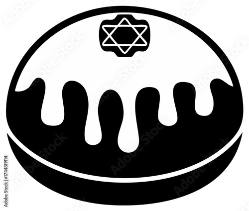 Minimalist black and white sufganiyah pastry icon with dripping glaze and Jewish star symbol