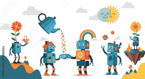 A group of friendly robots nurturing nature and the environment.