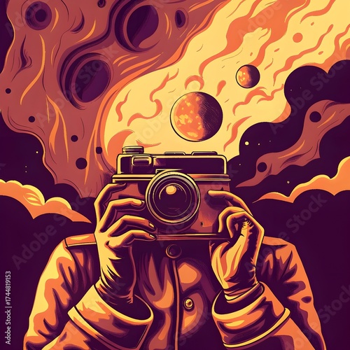 A person holds a vintage camera, with surreal planets and clouds forming a dreamlike, artistic composition.