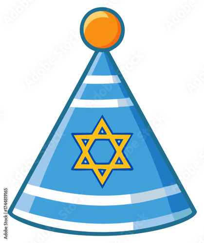 Cartoon Party Hat with Star of David Light Blue Color and Orange Ball