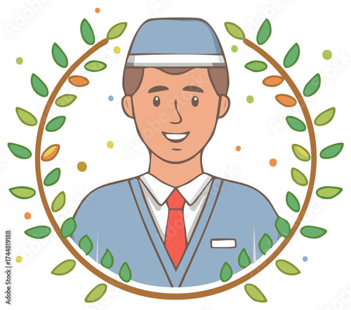 Smiling Man in Blue Suit Surrounded by a Wreath of Leaves, Colorful Illustration