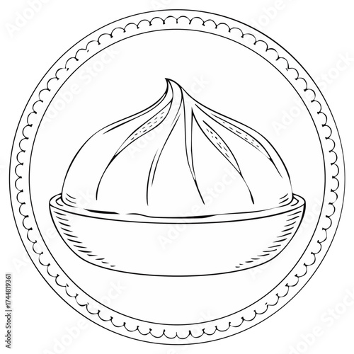 Dumpling Illustration in a Decorative Border, Black and White Outline