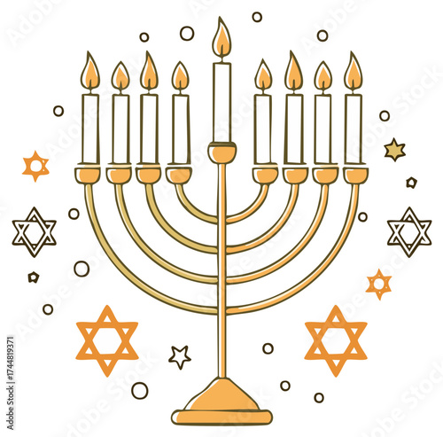 Glowing Hanukkah menorah with nine burning candles and Stars of David for the festive holiday celebration