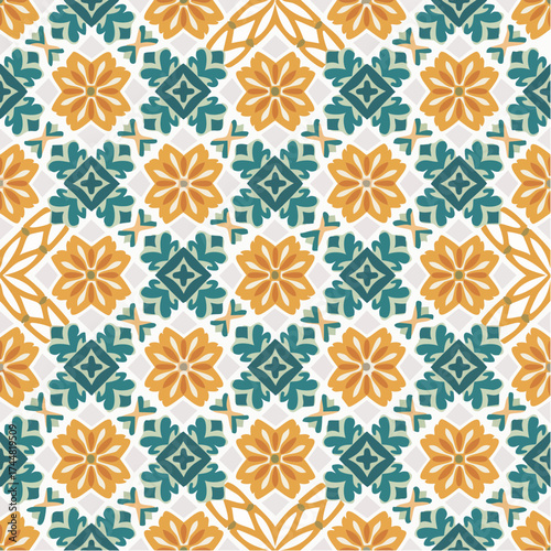 A seamless Spanish Alhambra mosaic pattern with intricate geometric tessellation. Perfect for architecture, wallpapers, and cultural branding.