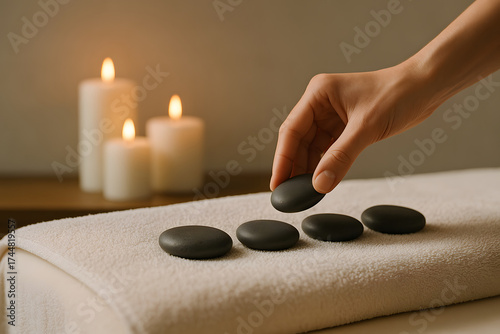 Relaxing spa setup with stone, candle, and towel