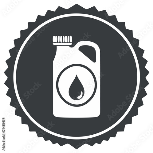 Motor Oil Container Inside a Circle Badge With Jagged Edge